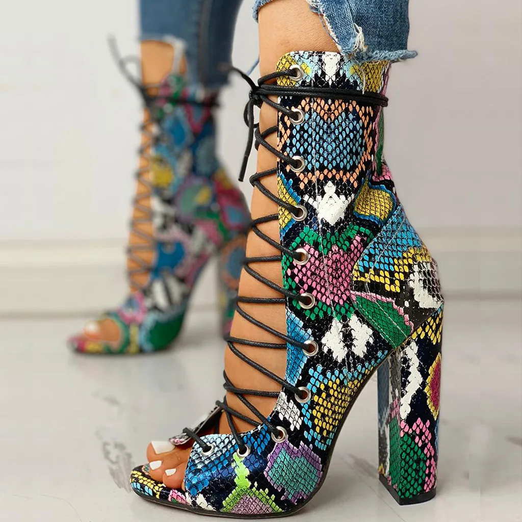 

Serpentine Super High Heel Sexy Sandals Summer Women's Ladies Lace Up Multicolor Snake Skin High Heel Sandals Shoes Booties