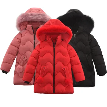 

Winter Heavyweight Wave Striped Fur Collar Warm Cotton Child Long Coat Baby Girls Jackets Children Outerwear For 5-12 Years Old