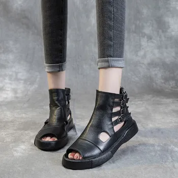 

Genuine Summer Footwear Women Leather Sandal Flat Platform Peep Toe Hollow Out Zipper Gladiator Sandals Casual High Top Shoes