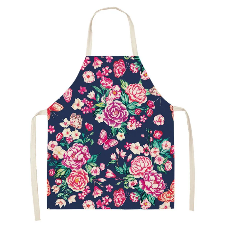 Flower Butterfly Girl Printed Chef Kitchen Aprons for Women Oil-proof Home Cooking Baking Waist Bib Cotton Linen Pinafore