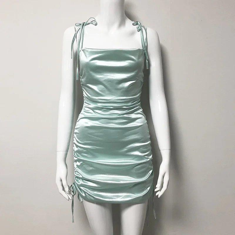Криптографическое сексуальное женское платье без рукавов с открытой спиной и ремнем с рюшами, сатиновое мини-платье с перекрещивающимися крест-накрест, летнее женское платье - Цвет: mint green