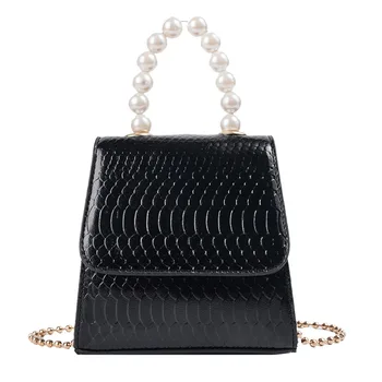

Chain Handbag Vintage Pearl Handle Women Evening Pu Shoulder Bag Fashion Ladies Crossbody Bag Black