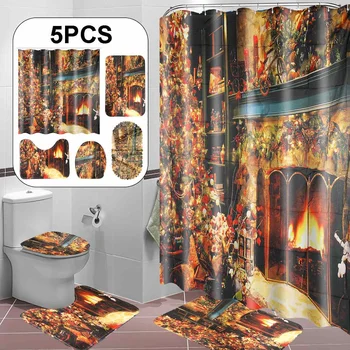 

Christmas Shower Curtain,waterproof And Polyester Fabric Bath Curtain Design, Fireplace Christmas Tree Christmas Bathroom Set