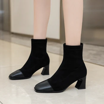 

Patchwork Genuine Leather Concise Short Boots high heels Ankle Boots Women Autumn Winter Square Toe Basic Office Shoes Woman
