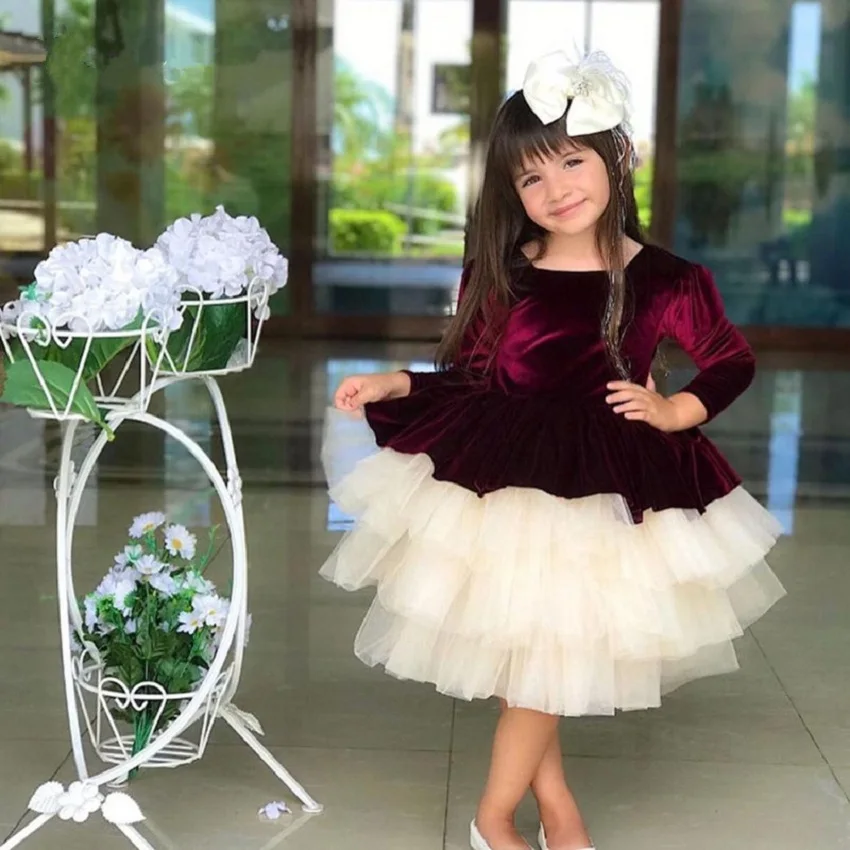 baby-116Velvet Puffy Flower Girl Dresses Long Sleeves Illusion Back Wedding Party Dress Bow Birthday Dress Winter