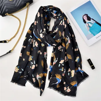 

Oloey Summer Vintage Black Animal Bird Print Scarf Women Soft Long Sunscreen Shawls Female Beach Towel Luxury Floral Hajab Scarf
