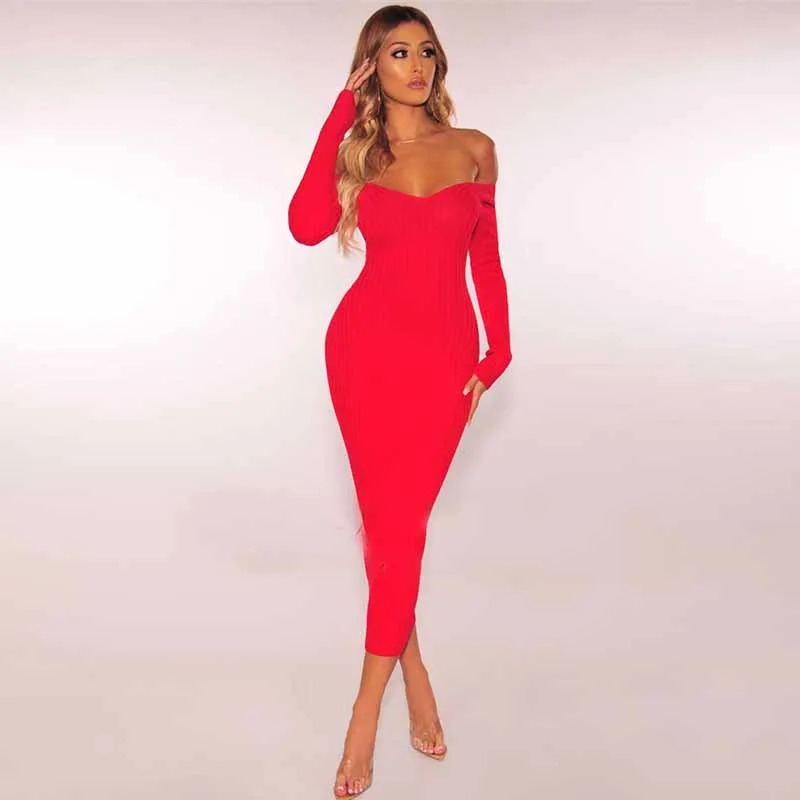 ERDAOBEN 2019 Autumn Winter Bodycon Women Dress Sexy V Neck Long Sleeve Stretchy Midi Dresses Casual Party Knitted Pencil