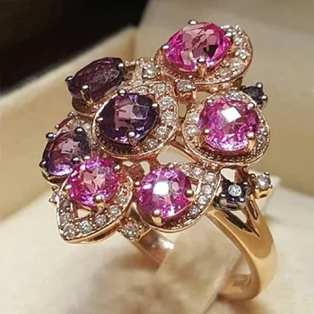 

High Quality Wedding Engagement Rose Rold Rings For Women Unique Design Flower Ponk Zricon Inlaid Luxury Bridal Finger Ring