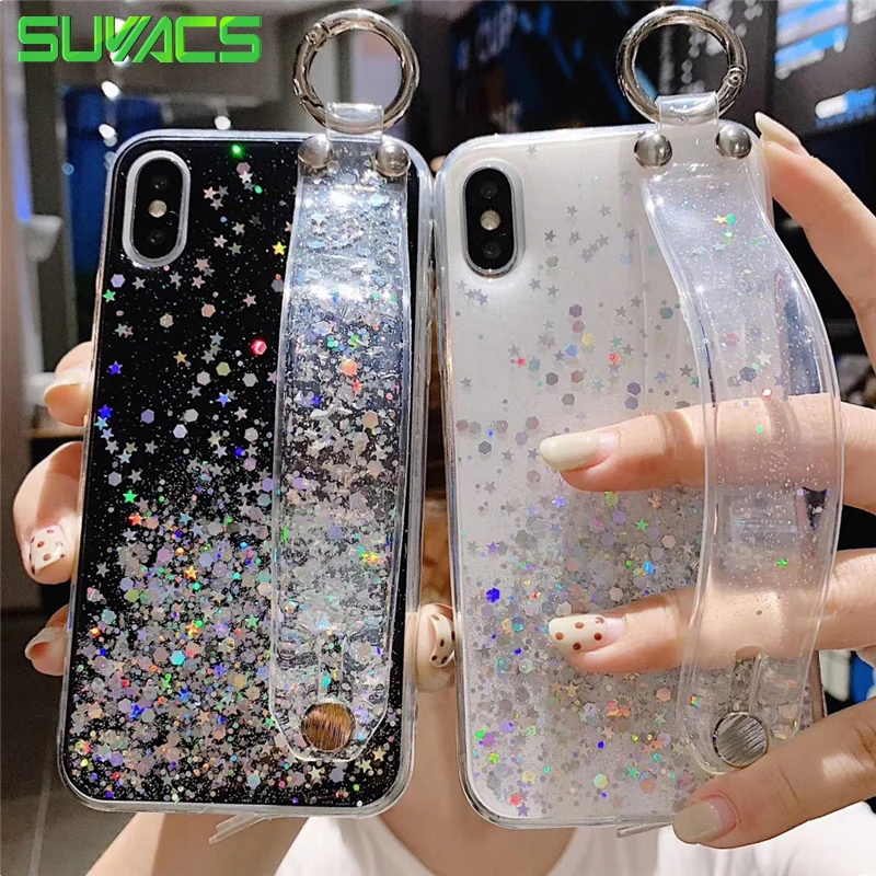 

SUYACS Glitter Powder Gradient Phone Case For iPhone 7 8Plus X XS Max XR 6 6S Wrist Band Stand Soft Epoxy Silicone Back Cover