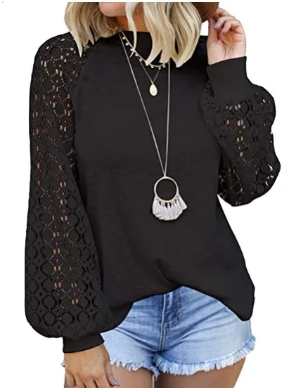 silk blouses 2020 European and American new round neck long sleeve lace stitching loose top women shirts & tops Blouses & Shirts