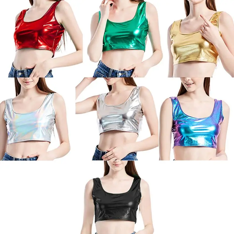 

Womens Sleeveless Crop Top Glitter Metallic Holographic Wetlook Rave Cami Vest