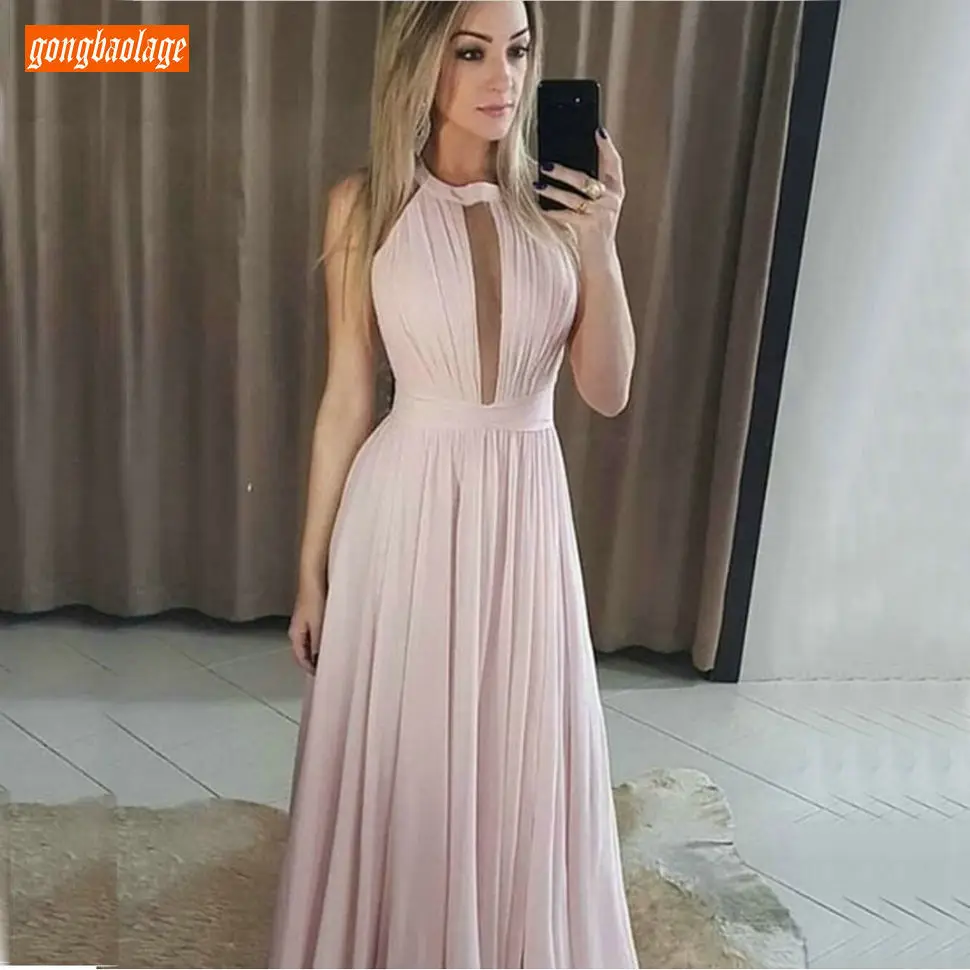 

Trendy Boho Light Pink Prom Dresses Long Chiffon A Line Floor length Simple Long Women Formal Dress Slim fit Party Evening Gowns