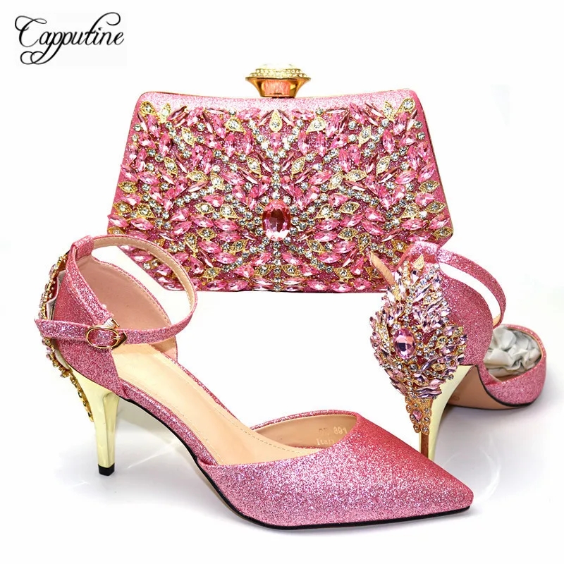 Capputine модные итальянские элегантные туфли на среднем каблуке и сумка в комплекте для свадьбы последние Итальянские женские Стразы комплект из обуви и сумки
