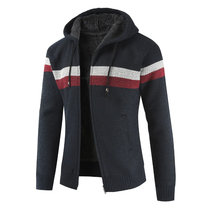 Мужской зимний толстый флисовый свитер, теплый кашемировый шерстяной кардиган с капюшоном, одежда, Полосатое флисовое пальто на молнии, размер M-3XL