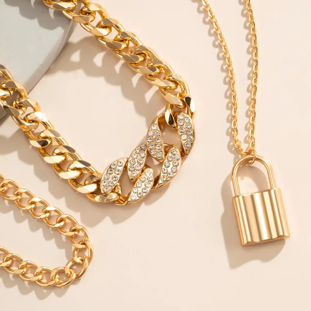 IngeSight.Z 3Pcs/Set Iced Out Rhinestone Crystal Miami Curb Cuban Anklet Padlock Pendant Anklet On Foot Barefoot Sandals Jewelry