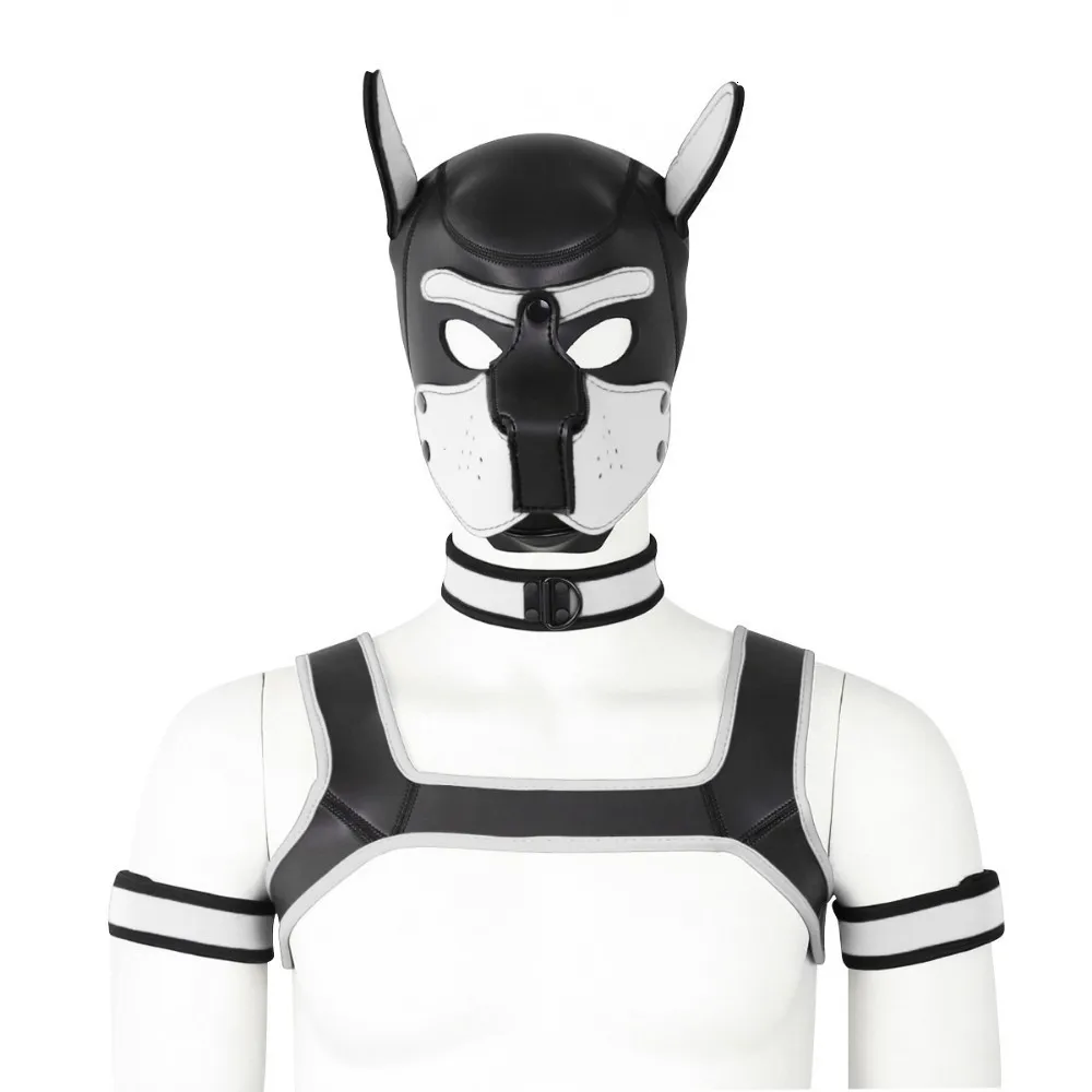 Белый Puppy Play Dog Bondage Hood Mask Collar Armband Cosplay Fantasy Harness Bondage Sexy Set Adult Games Slave Pup Role Play Couples - Цвет: Белый
