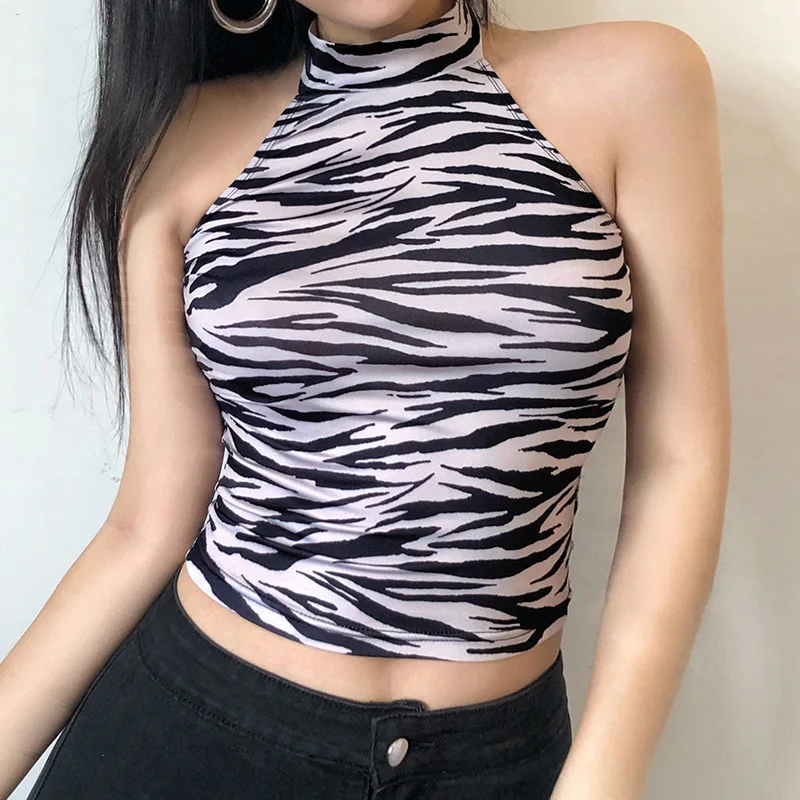 Summer Striped Pattern Tank Top Women Sexy Halter Round Neck Sleeveless Slim Wild Chic Exposed Navel Vest for _ - AliExpress Mobile