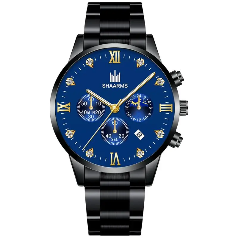 Shaarms Mens Watches Luxury Alloy Case Roman Numeral Display Date Dial Quartz Wristwatch Casual Business Watch Man Clock - Цвет: Blue Gold