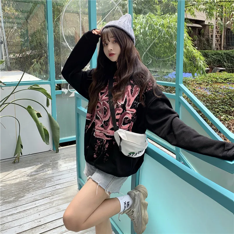 Осень Harajuku bf граффити печати Harajuku большой размер свободный женский колледж письмо Забавный o-образным вырезом с длинным рукавом Ulzzang Толстовка