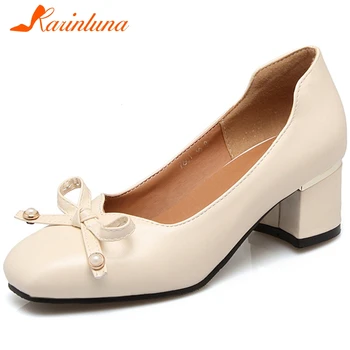 

KARINLUNA Plus Size 32-46 New Ladies Casual Office Pumps Fashion Bowtie Spring Autumn Pumps Women Chunk Heels Shoes Woman