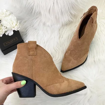 

Fashion Gladiator Runway Leather V sharp woman ankle boots chunky high heels western cowboy botas pointed toe shoes for woman