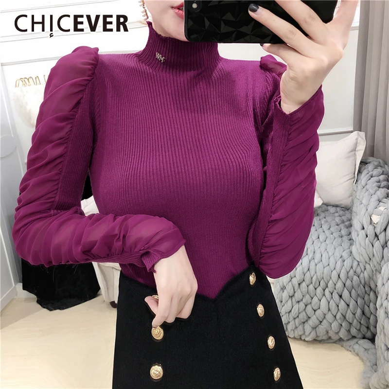 CHICEVER корейский стиль лоскутные женские свитера с высоким воротом и пышными
