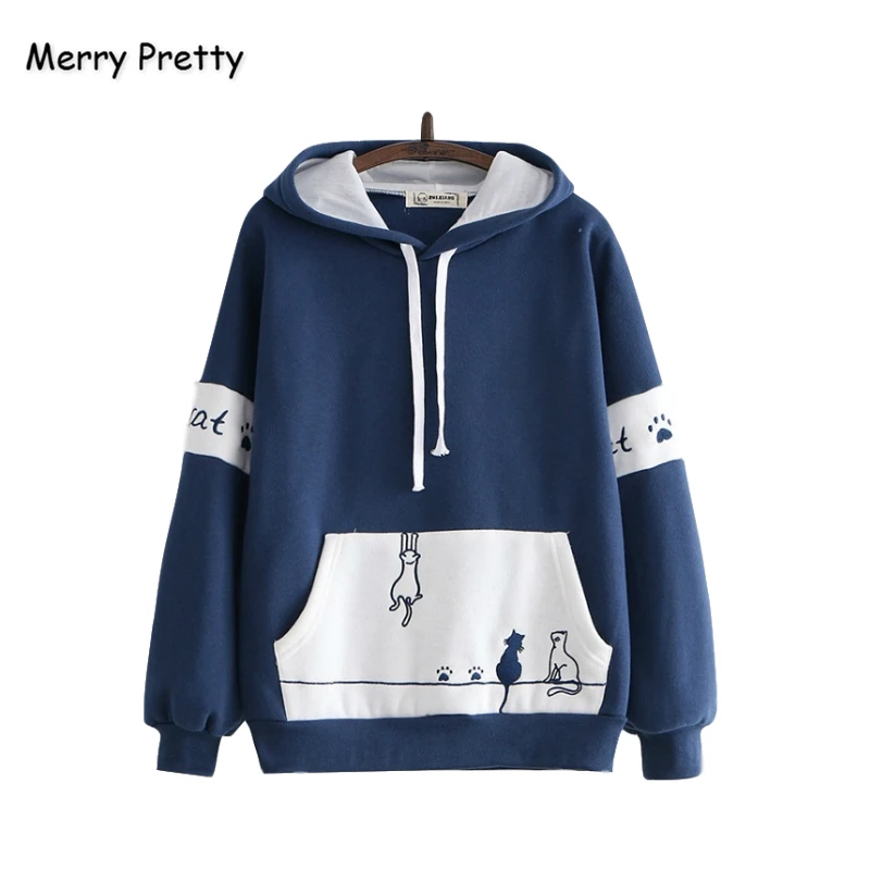 Женская толстовка с капюшоном MERRY PRETTY в стиле Харадзюку С мультяшным котом и