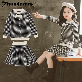 

Thunderers Spring Autumn Knitting Kids Clothing Set For Girls Plaid Cardigan With Short Skirt Children 2pcs Outfits Baby Clothes