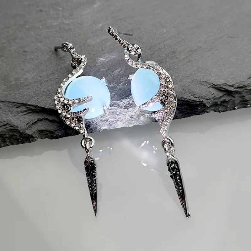 Серьги с лунным камнем Крылья Ангела длинные серьги синий кристалл серьги в форме листа для женщин винтажные элегантные свадебные украшения