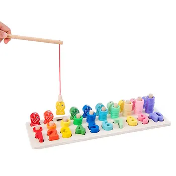 

2019 New Wooden Digital Computing Building Child Shape Matching Cognitive Three-in-one Wooden Fishing Log Board Puzzle Toys