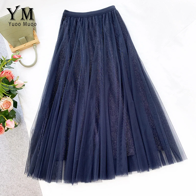 YuooMuoo Роскошная Женская Блестящая бархатная сетчатая юбка осень зима Высокая талия синяя модная плиссированная юбка Дамская длинная юбка
