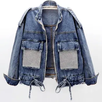 

2020 autumn new fashion heavy work hot drilling denim jacket women loose short jeans coat