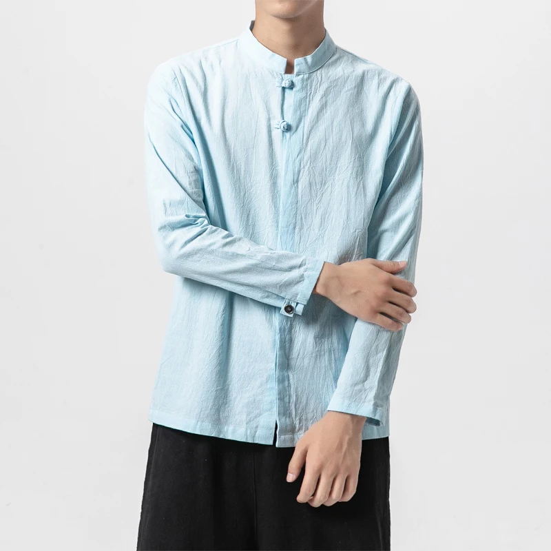 Sinicism магазин сплошной стенд с длинным рукавом мужские рубашки осень китайский стиль винтажные повседневные мужские рубашки оверсайз модная одежда - Цвет: SkyBlue(AsianSize)
