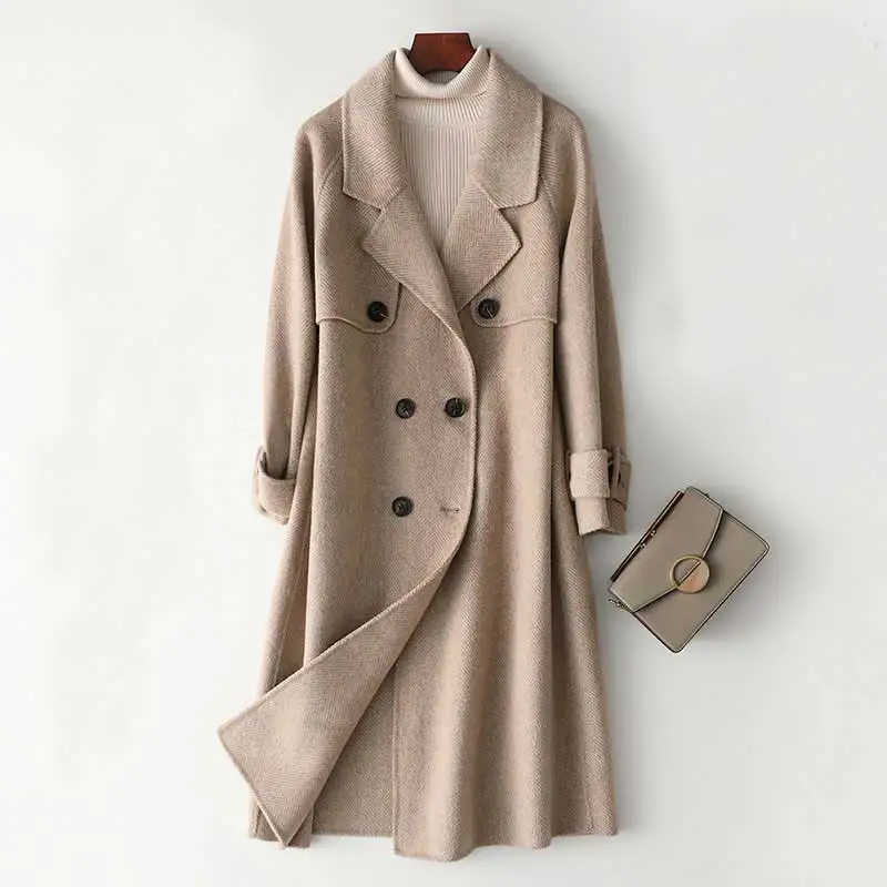 

2019 Autumn New Women Cashmere Long Coat Elegant Camel Woolen Coat Drouble Button Design Winter Warm Coat Casaco Feminino