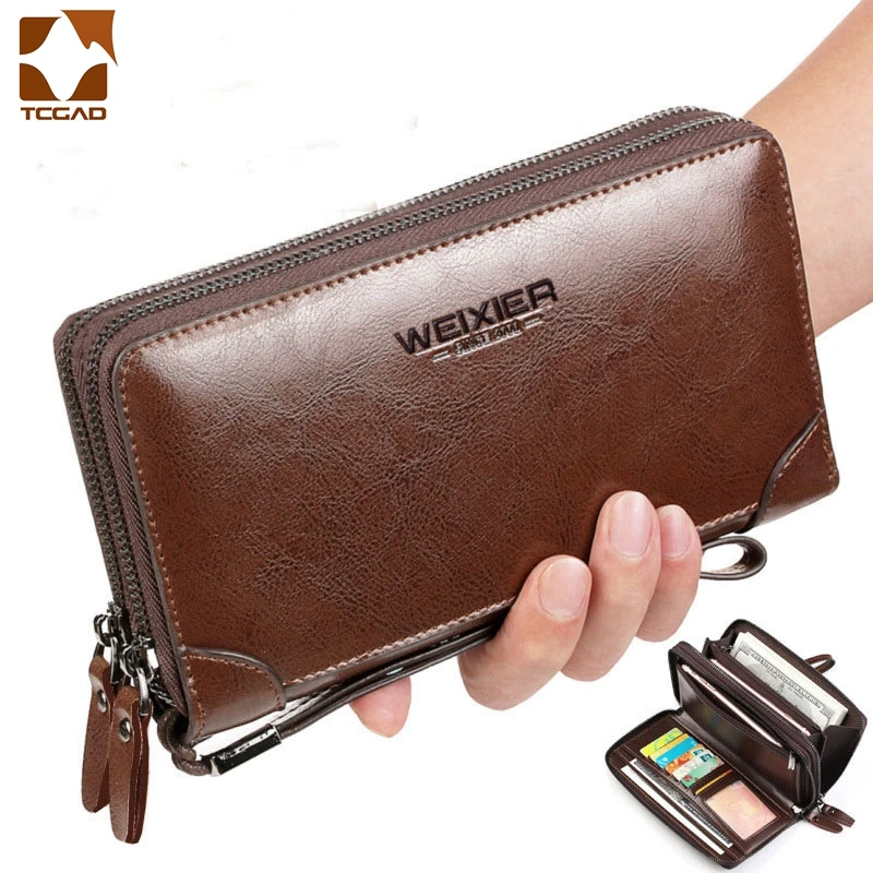 

Men's wallets for made of natural Wax oil skin 2020 dual zipper multiple Compartment passport cover clutch bag male phone wallet