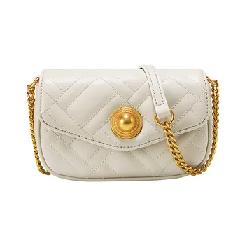 

2019 Winter Small High Quality Soft Leather Thread Metal Button Chain Diamond Lattice Mini Crossbody Girls Women Messenger Bag