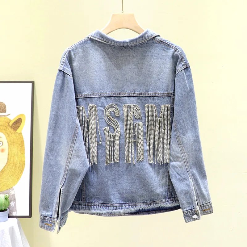 

2020 Spring Jacket Women New Heavy Industry Rhinestone Fringe Retro Ripped BF Loose Denim Jackets Blue Jean Coat Outwear Femme