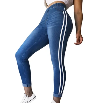 

Women Casual Elastic Waist Stretch Skinny Jeans Ladies Pockets Side Striped Webbing Denim Trousers Slim Feet Pants Leggings Plus