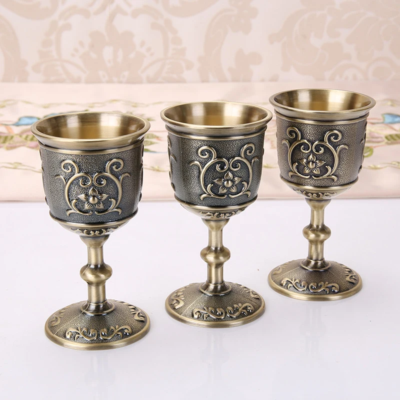 Vintage Classical Metal Wine Cup Handmade Small Goblet Household Copper Wine Glass Carving Pattern Creative Drinkware