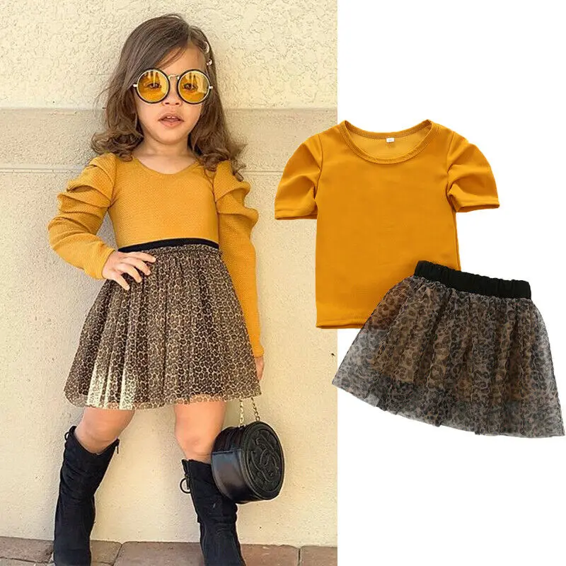 

Baby Girls Kid Clothes Yellow Short Sleeve Tops Leopard Print Tutu Skirt Outfit