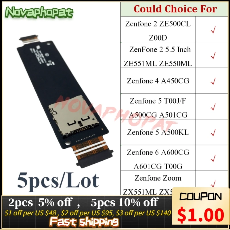 Novaphopat SD Card Reader For Asus Zenfone 2 4 5 6 Zoom ZE500CL Z00D ZE551ML ZE550ML Sim Tray Holder Slot Flex Cable 5pcs/lot | Мобильные