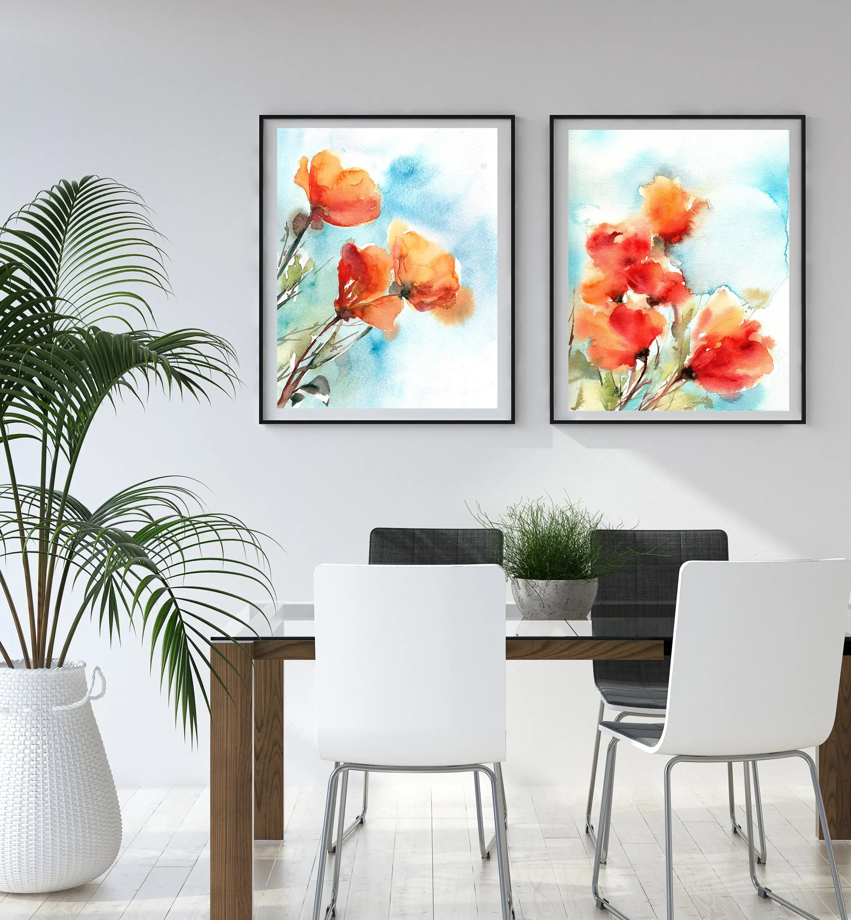 Two Poppy Floral Prints Botanical Orange Blue print Painting Art Set of 2 Flowers Wall Archival pri | Дом и сад