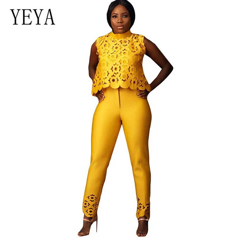 

YEYA Fashion African Style Burnt Flower 2 Pieces Sets Sleeveless Hollow Out Hook Flower Playsuits Elegant Sexy Femme Jumpsuits