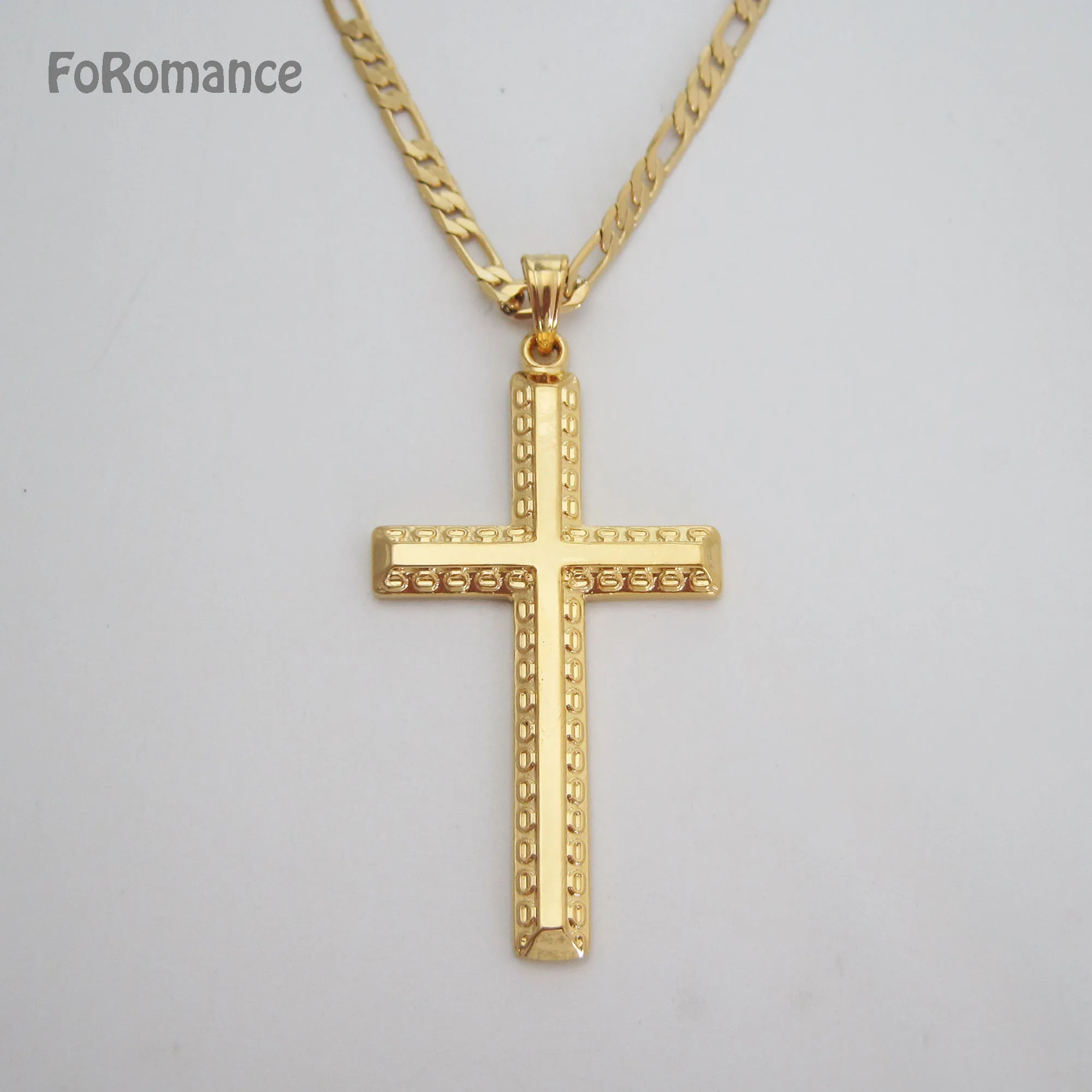 

FoRomance YELLOW GOLD PLATED 24INCH FIGARO CHAIN & PLAIN SURFACE WITH SMALL OVAL SHAPED CROSS PENDANT GREAT GIFT