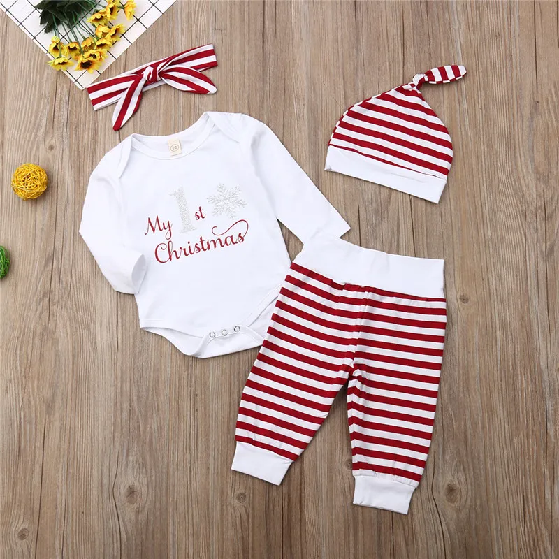 Рождественский Комбинезон для маленьких мальчиков и девочек, топы в полоску, длинные штаны, шапка, повязка на голову, комплект детской одежды