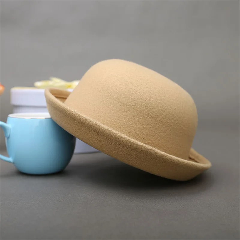 Модная шерстяная шляпа-котелок для родителей и детей, шляпы-федоры для женщин и девочек, детская однотонная официальная Кепка - Цвет: Khaki