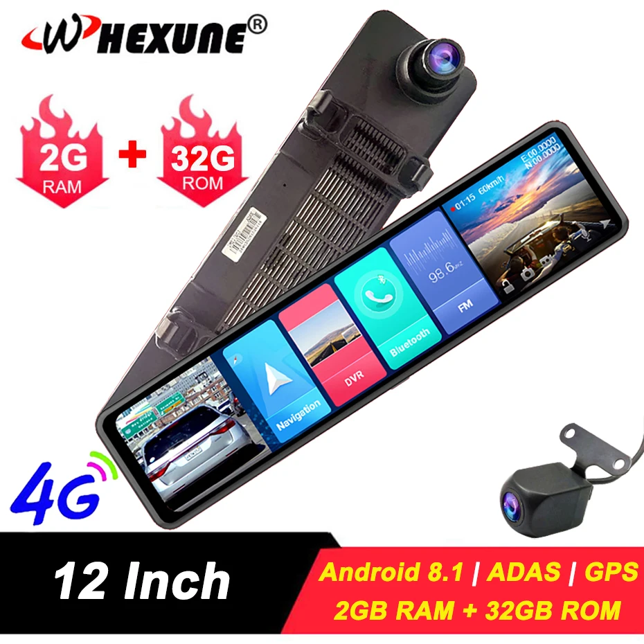 Видеорегистратор WHEXUNE 4G на зеркало заднего вида 12 дюймов Android 8 1 FHD 1080P ADAS |