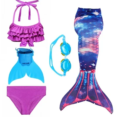 Blue 41 set 2 Детский купальный костюм с хвостом русалки для девочек, купальный костюм русалки, купальный костюм, можно добавить монофонический плавник, очки с гирляндой - Цвет: Blue 41 set 2