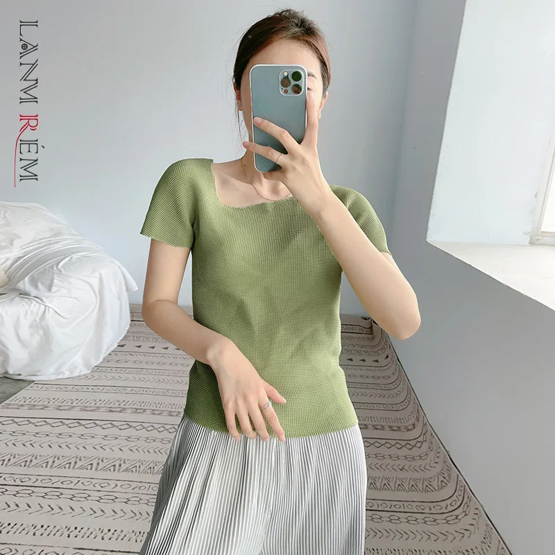 Женский плиссированный топ LANMREM тонкая футболка с асимметричным воротником и