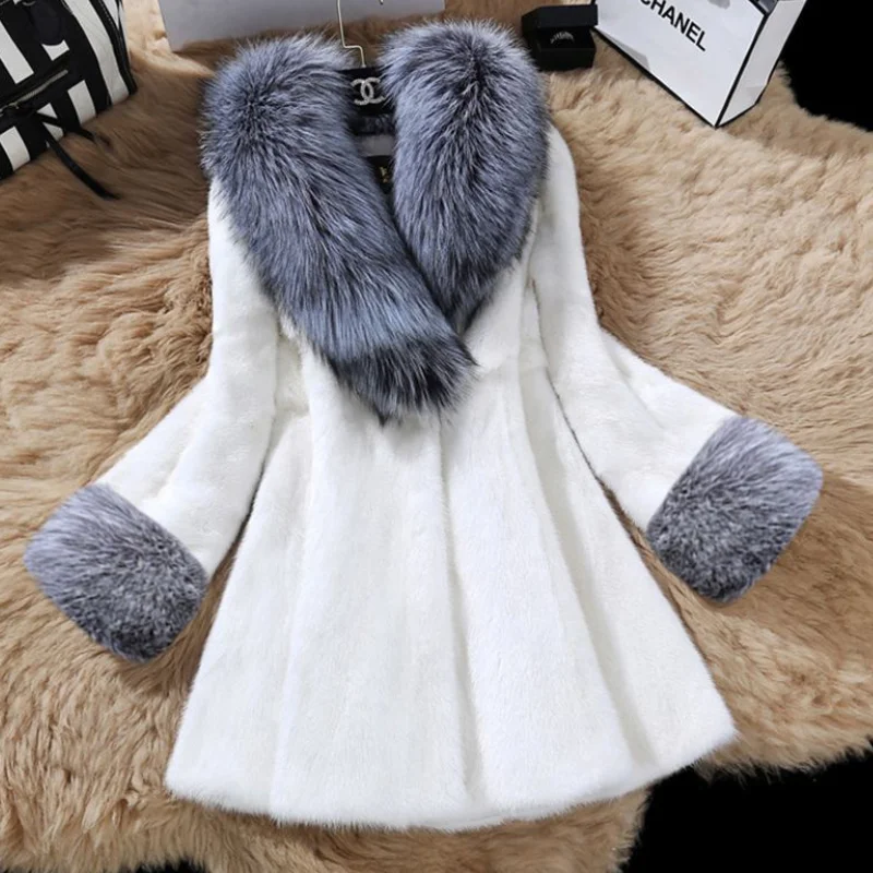 

New Autumn Winter Women Faux Silver Fox Fur Collar Coat Luxury Fashion Mink Fur Coat Female Long Faux Mink Fur женское пало